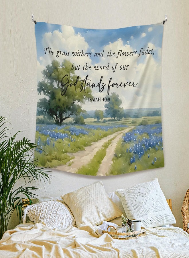 XLDLIOO Christian Wall Tapestry, Bible Verse Isaiah 40:8 Wall Tapestry Hanging for Bedroom, Farmhouse Blue Wildflower Religious Tapestries Decor Art for Home Living Room Church, 50x60in - Image 3